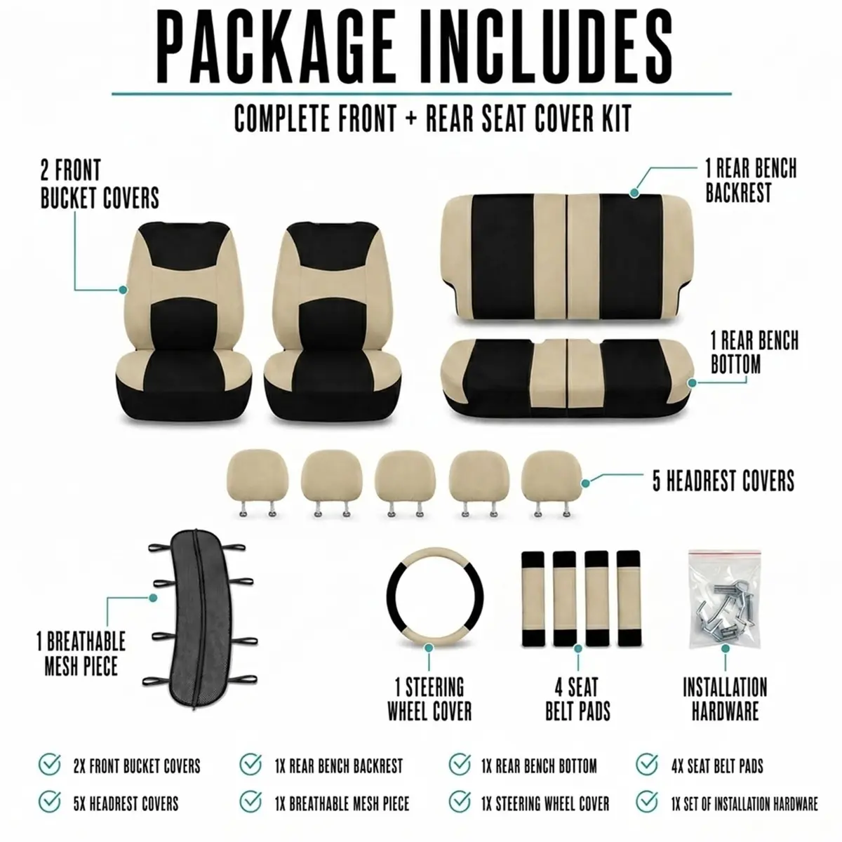 FH Group Automotive Seat Covers Beige Black Universal Fit Seat Cover Combo Set with Steering Wheel Cover and Seat Belt Pad (Airbag Compatible and Split Bench) - view 7