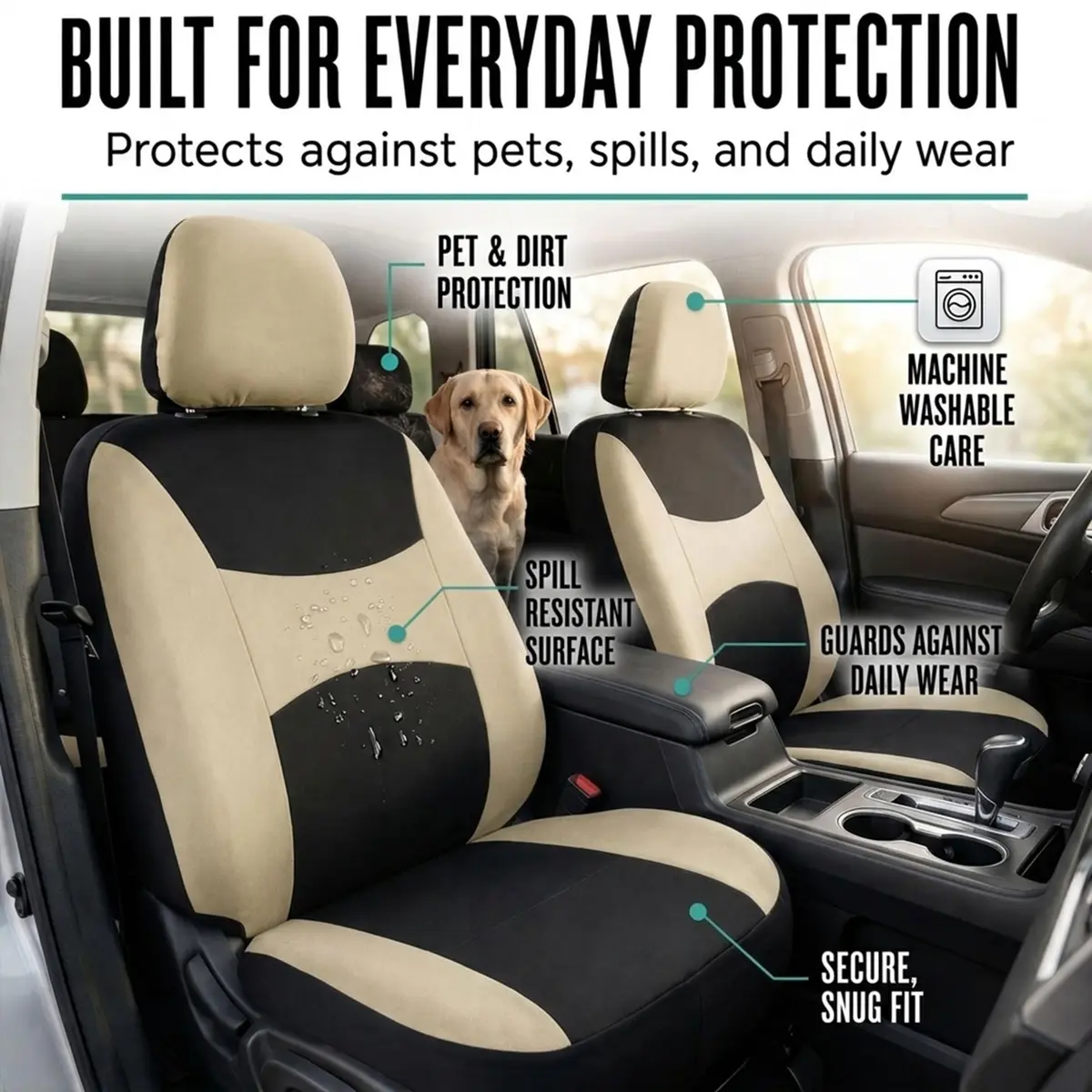 FH Group Automotive Seat Covers Beige Black Universal Fit Seat Cover Combo Set with Steering Wheel Cover and Seat Belt Pad (Airbag Compatible and Split Bench) - view 8