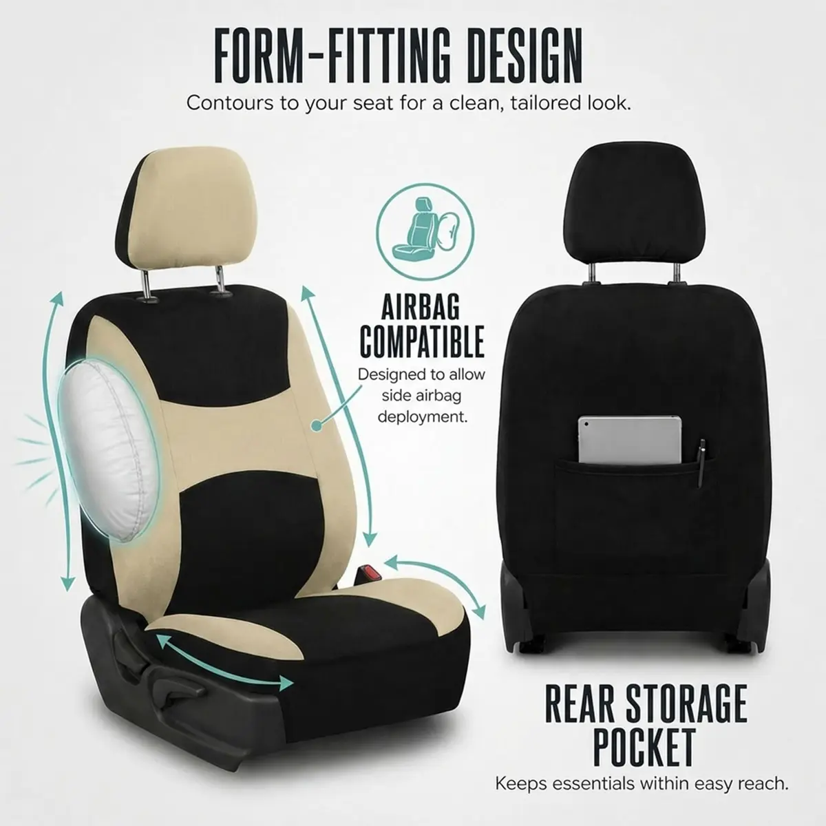 FH Group Automotive Seat Covers Beige Black Universal Fit Seat Cover Combo Set with Steering Wheel Cover and Seat Belt Pad (Airbag Compatible and Split Bench) - view 4