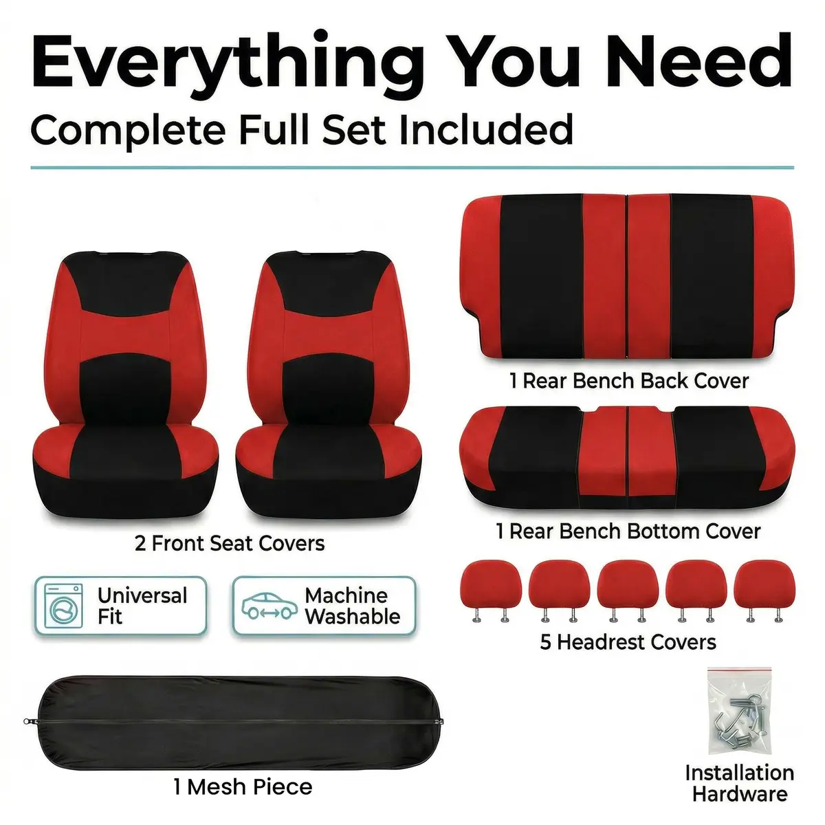 FH Group Car Seat Covers Full Set Cloth - Universal Fit, Washable, Airbag Compatible, Red | Interior Protection & Style - view 7
