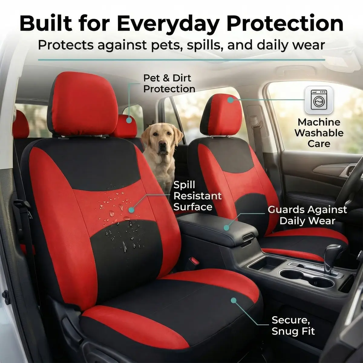 FH Group Car Seat Covers Full Set Cloth - Universal Fit, Washable, Airbag Compatible, Red | Interior Protection & Style - view 8