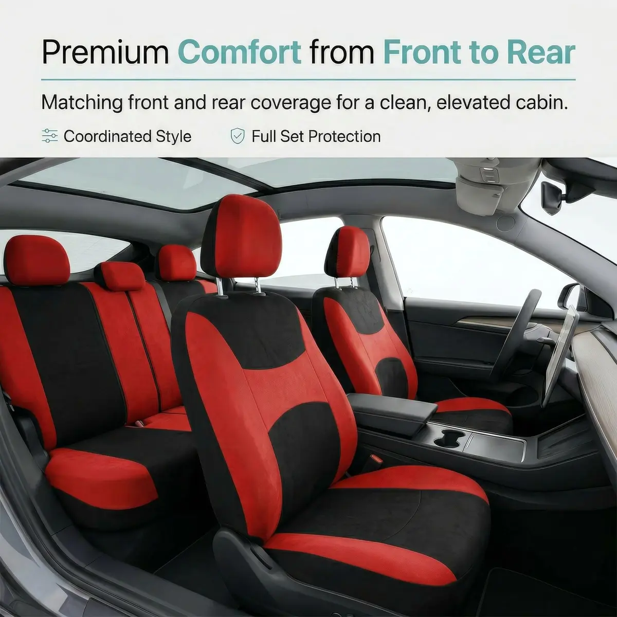 FH Group Car Seat Covers Full Set Cloth - Universal Fit, Washable, Airbag Compatible, Red | Interior Protection & Style - view 9
