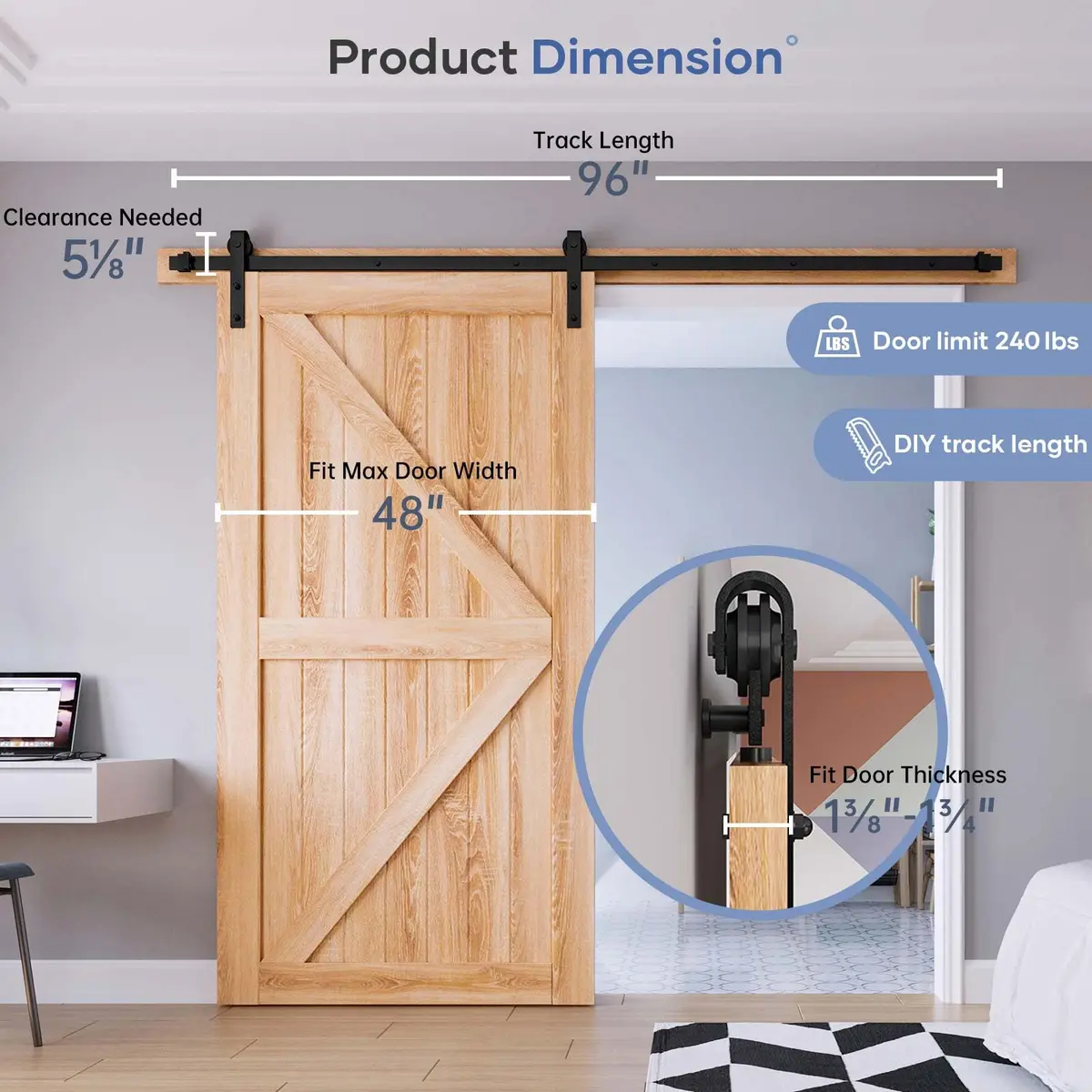 EaseLife 8 FT Sliding Barn Door Hardware Track Kit | Quiet & Smooth, Easy Install (8FT Track for 40-48" Wide Door) - view 6