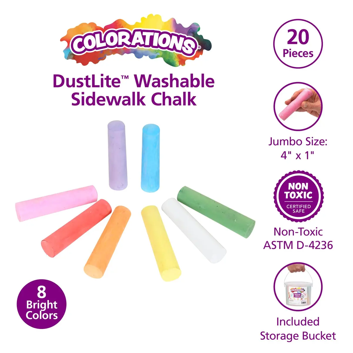 Colorations Jumbo Washable Sidewalk Chalk Set, 20 Pieces, 8 Assorted Colors | Non-Toxic, AP Certified, ASTM-D4236 - view 2