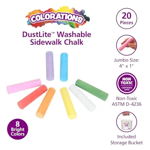 Colorations Jumbo Washable Sidewalk Chalk Set, 20 Pieces, 8 Assorted Colors | Non-Toxic, AP Certified, ASTM-D4236 - view 2