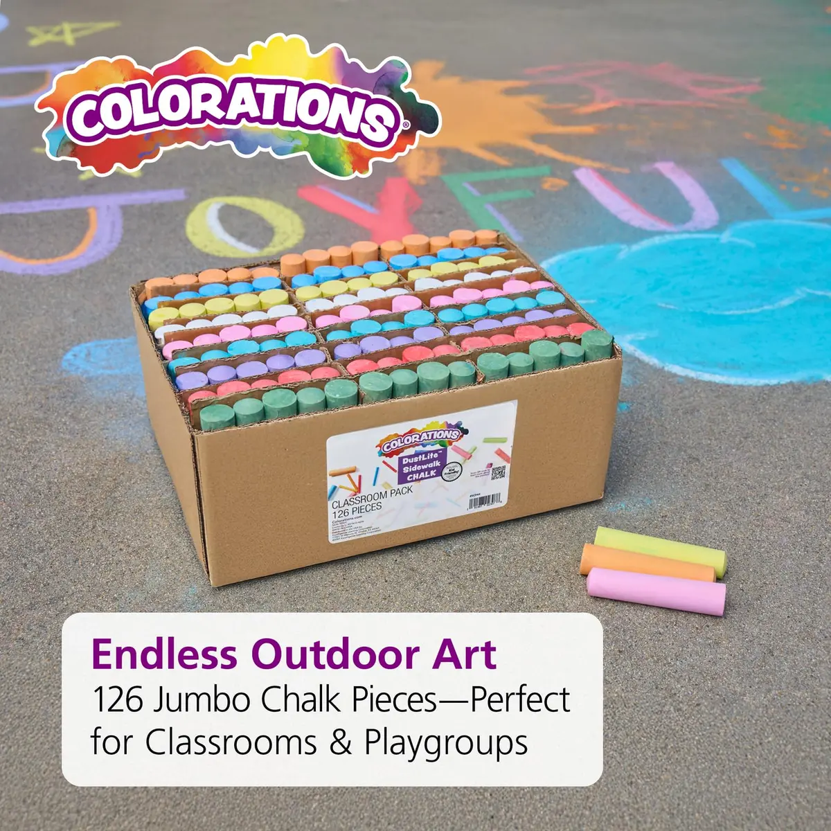 Colorations Jumbo Washable Sidewalk Chalk, 126 Pieces (4" x 1" Each) | Vibrant Colors for Outdoor Art - view 7