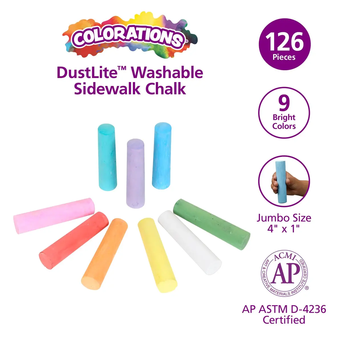 Colorations Jumbo Washable Sidewalk Chalk, 126 Pieces (4" x 1" Each) | Vibrant Colors for Outdoor Art - view 3
