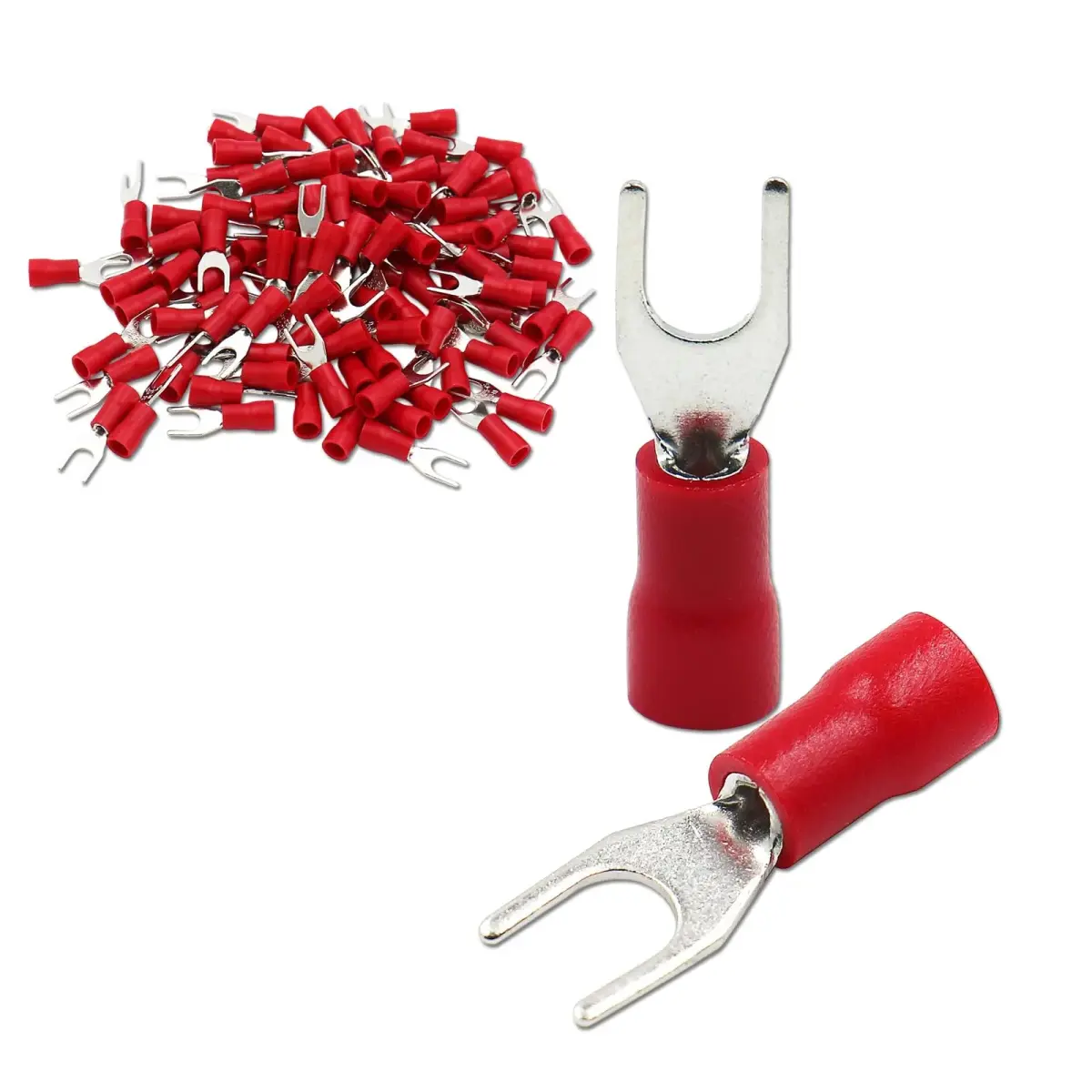 Baomain Red Fork Spade Insulated Terminal Connectors 4.3mm #8 Stud 22-16 AWG (100-Pack) | Secure Crimp Connection for Electrical Wiring - main product image