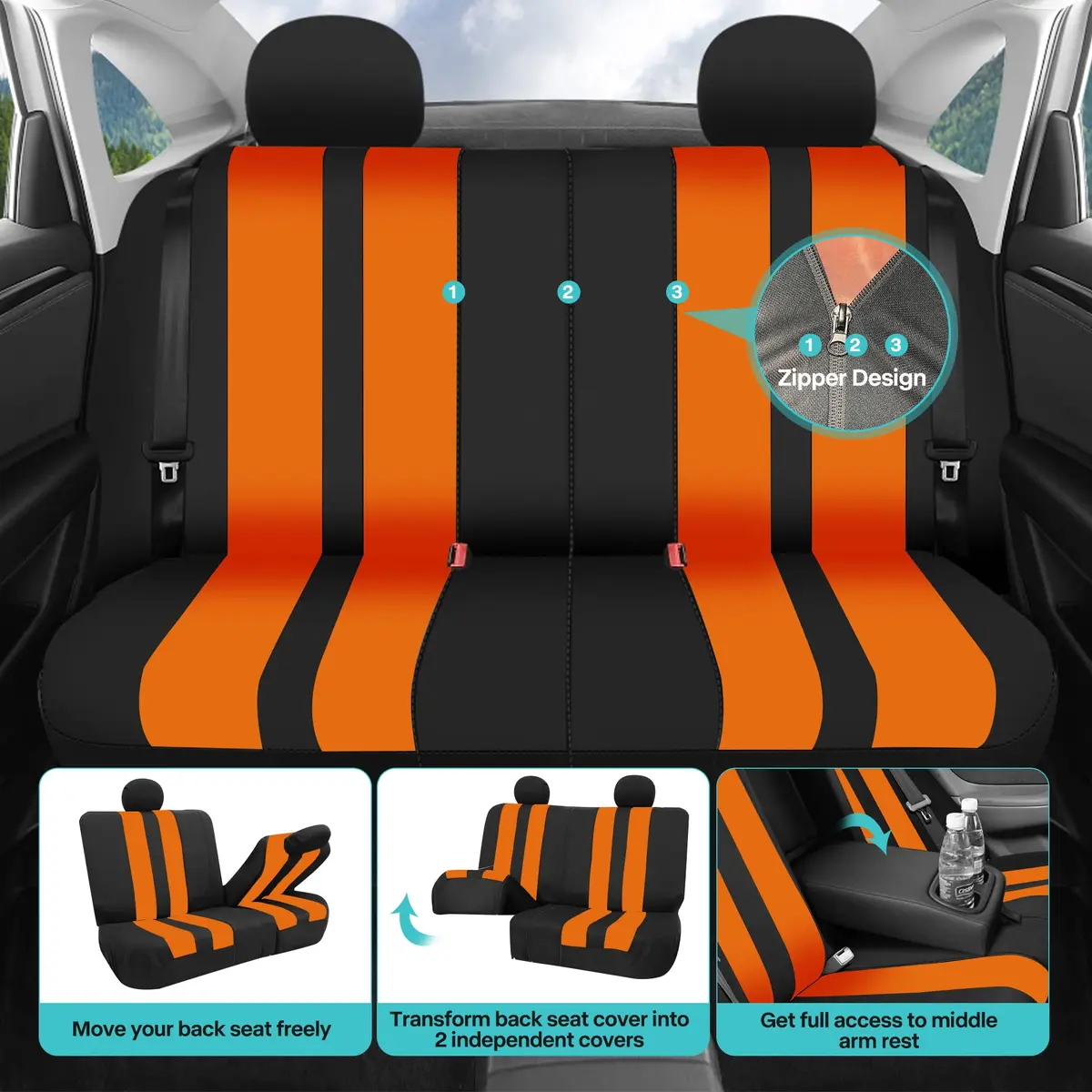 FH Group Orange Polyester Car Seat Covers - Full Set with Front & Rear, Universal Fit, Waterproof, Airbag Compatible (Full Set, Orange) - view 6