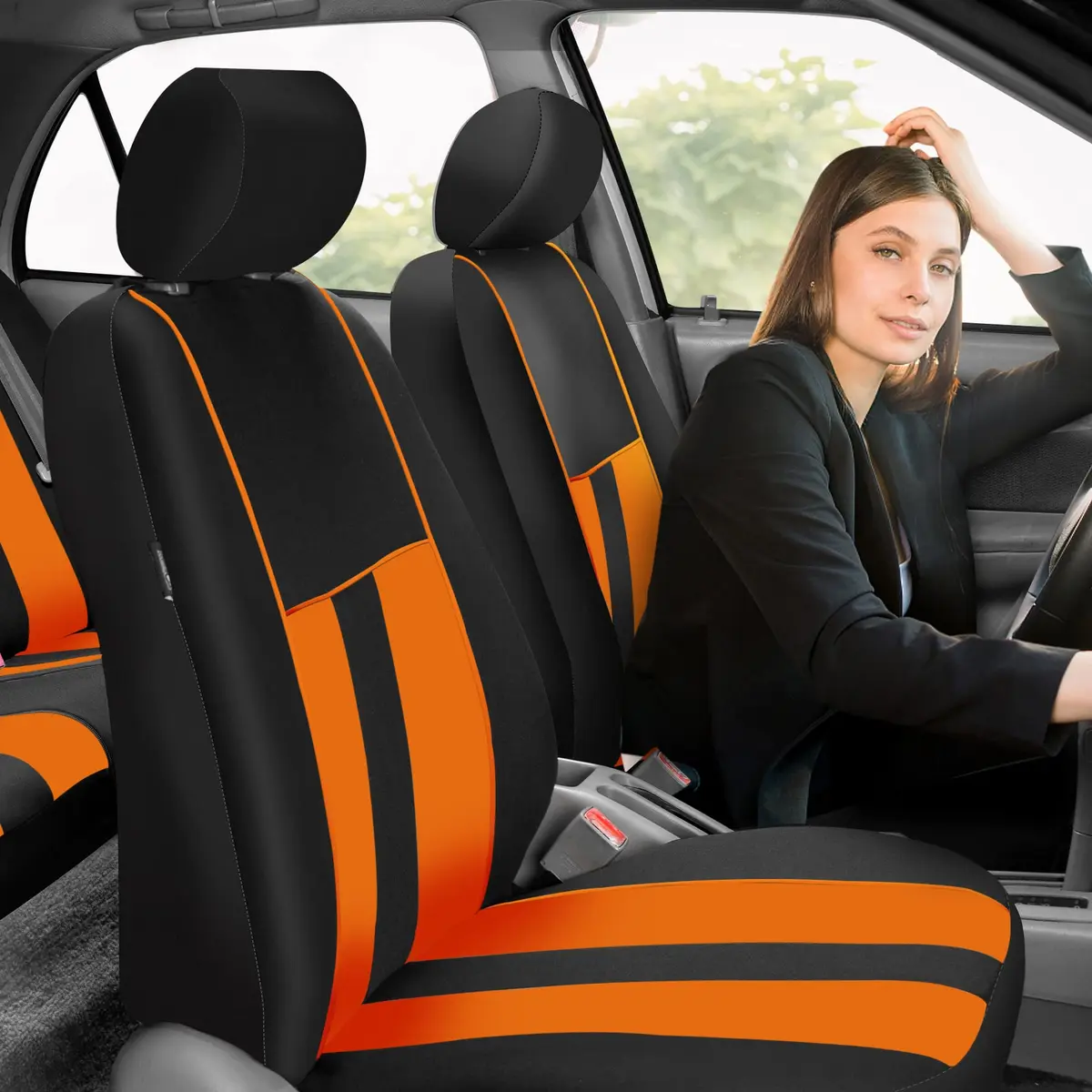 FH Group Orange Polyester Car Seat Covers - Full Set with Front & Rear, Universal Fit, Waterproof, Airbag Compatible (Full Set, Orange) - view 3