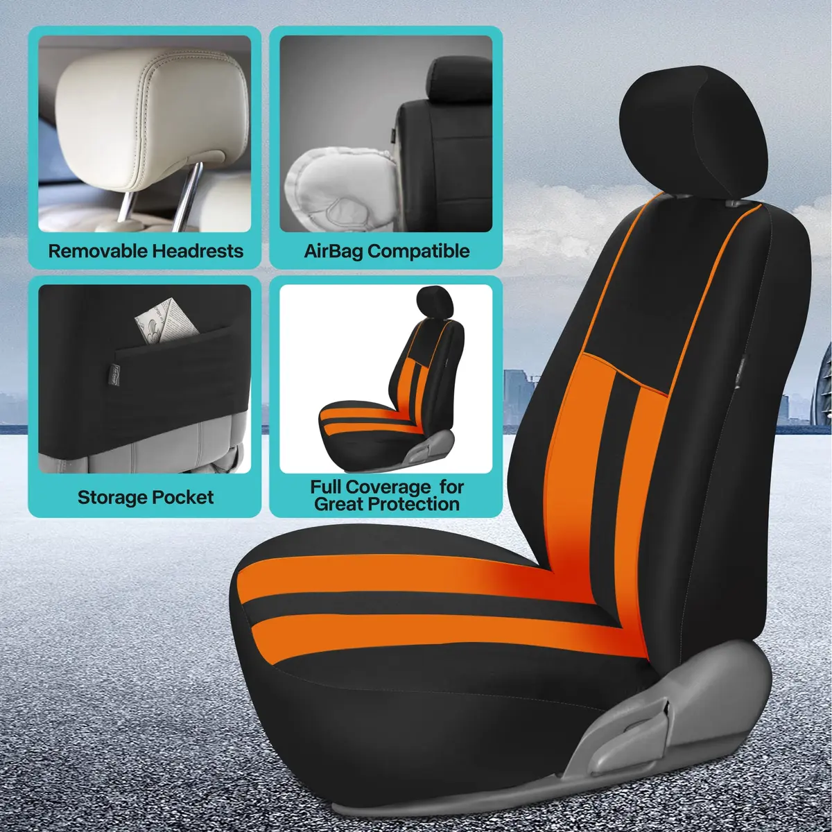 FH Group Orange Polyester Car Seat Covers - Full Set with Front & Rear, Universal Fit, Waterproof, Airbag Compatible (Full Set, Orange) - view 4