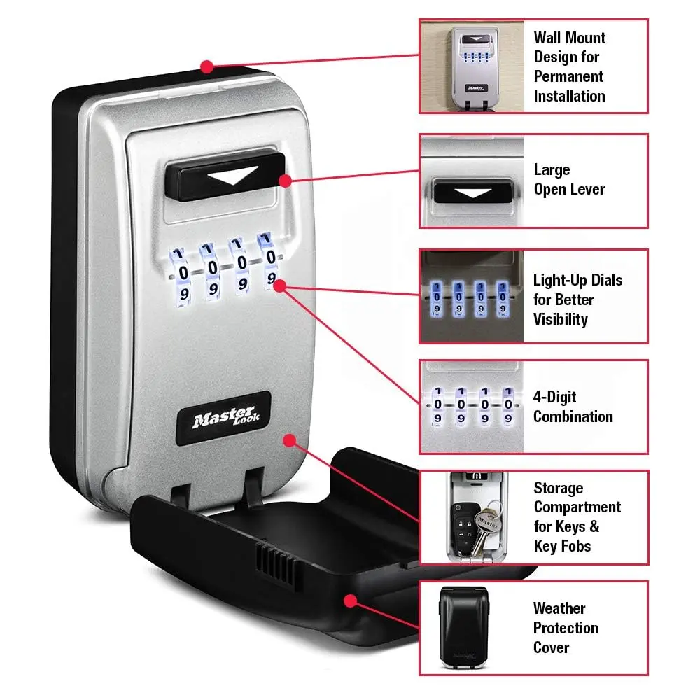 Master Lock 5425D Set Your Own Combination Wall Mount Lock Box with Light Up Dials, 6 Key Capacity, Black | Durable Metal Body & Easy Visibility - view 2