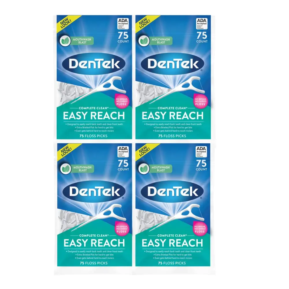 DenTek Complete Clean Easy Reach Floss Picks, Mouthwash Blast Flavor, 75 ct. (Pack of 4) | Advanced Fluoride Coating - main product image