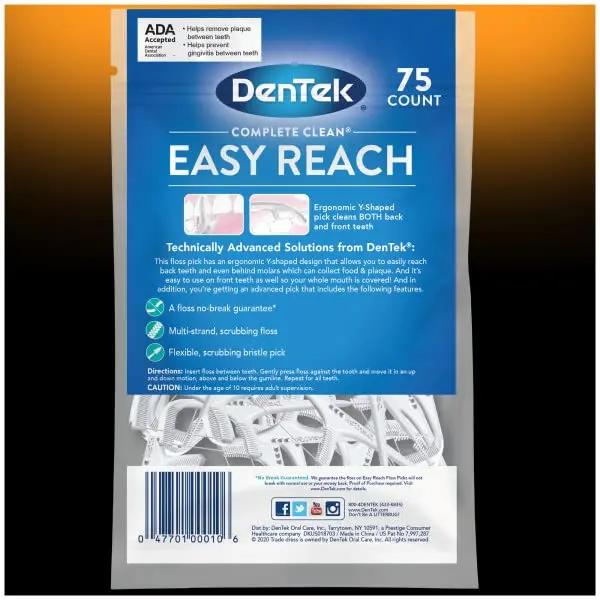 DenTek Complete Clean Easy Reach Floss Picks, Mouthwash Blast Flavor, 75 ct. (Pack of 4) | Advanced Fluoride Coating - view 8