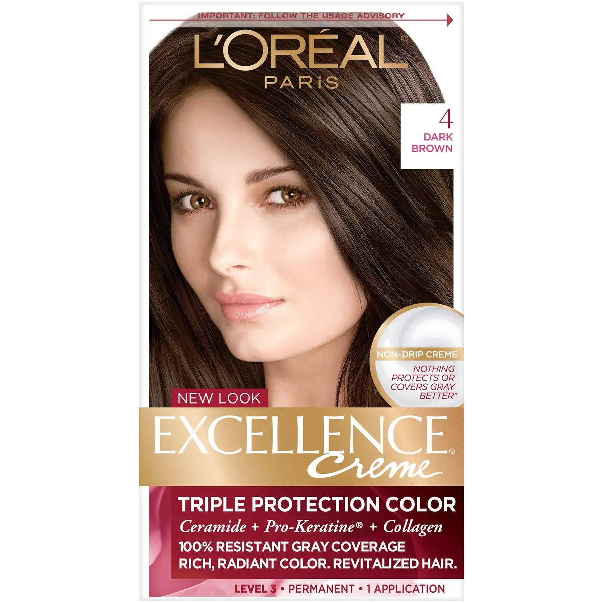 L'Oreal Paris Excellence Triple Protection Permanent Hair Color Creme, Dark Brown 4 | Rich Gray Coverage & Long-Lasting Color - main product image
