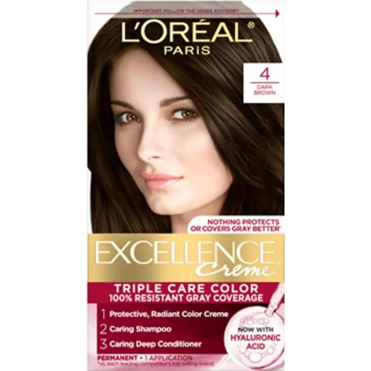 L'Oreal Paris Excellence Triple Protection Permanent Hair Color Creme, Dark Brown 4 | Long-Lasting Gray Coverage (120 chars) - view 2