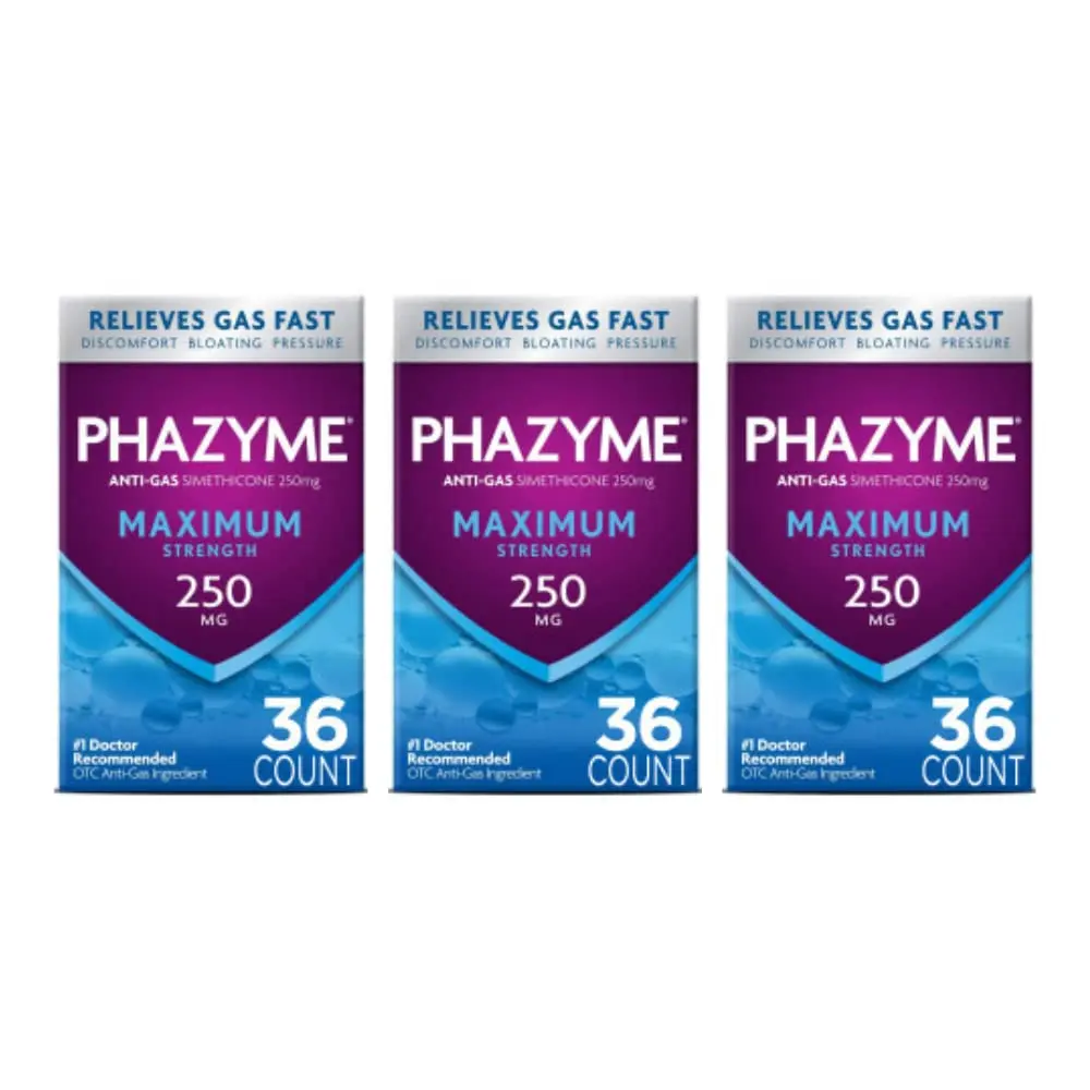Phazyme Maximum Strength Gas and Bloating Relief 36 Fast GELS Pack of 3 | 250 mg Simethicone & 750 mg Calcium Carbonate | Fast-Acting Chewable Relief - main product image