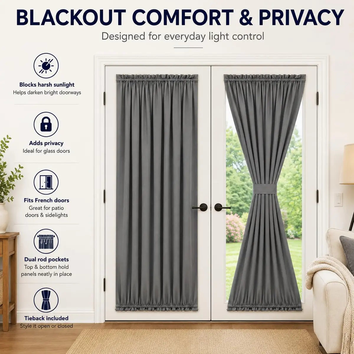 Aquazolax Grey Curtains for Door Window 54W x 40L | Elegant Privacy & Light Control - view 5