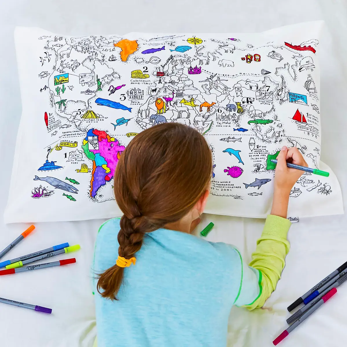 eatsleepdoodle Cotton World Map Coloring Pillowcase, 10pk | Washable Markers for Kids' Art & Sleep - main product image
