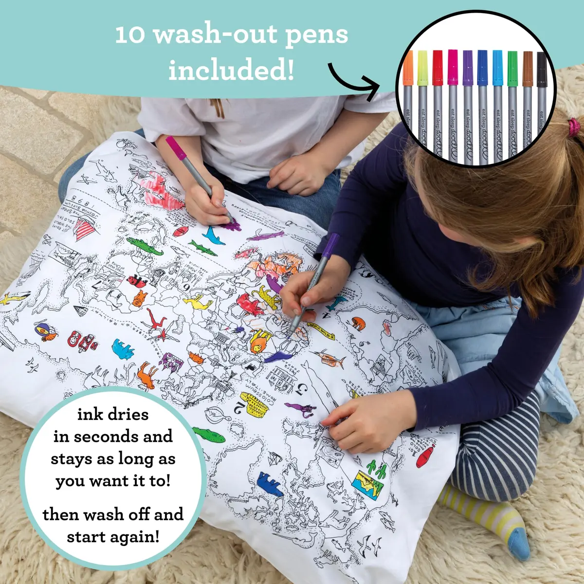 eatsleepdoodle Cotton World Map Coloring Pillowcase, 10pk | Washable Markers for Kids' Art & Sleep - view 6