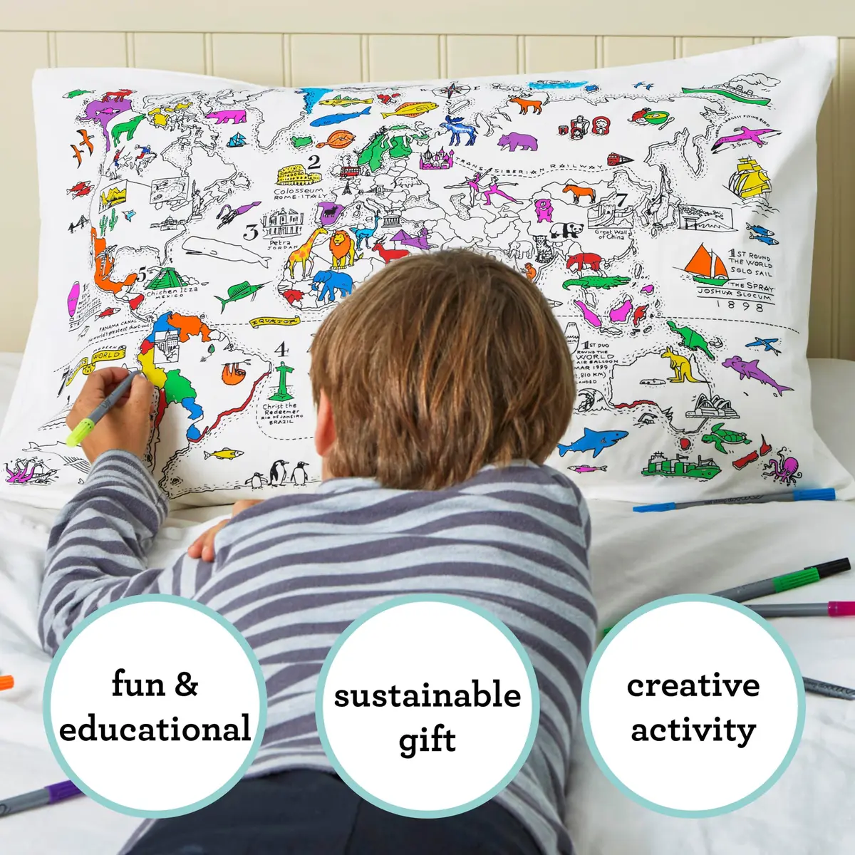 eatsleepdoodle Cotton World Map Coloring Pillowcase, 10pk | Washable Markers for Kids' Art & Sleep - view 7