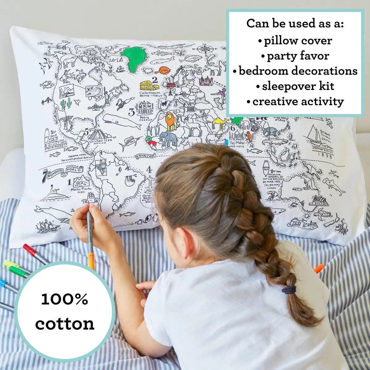 eatsleepdoodle Cotton World Map Coloring Pillowcase, 10pk | Washable Markers for Kids' Art & Sleep - view 8