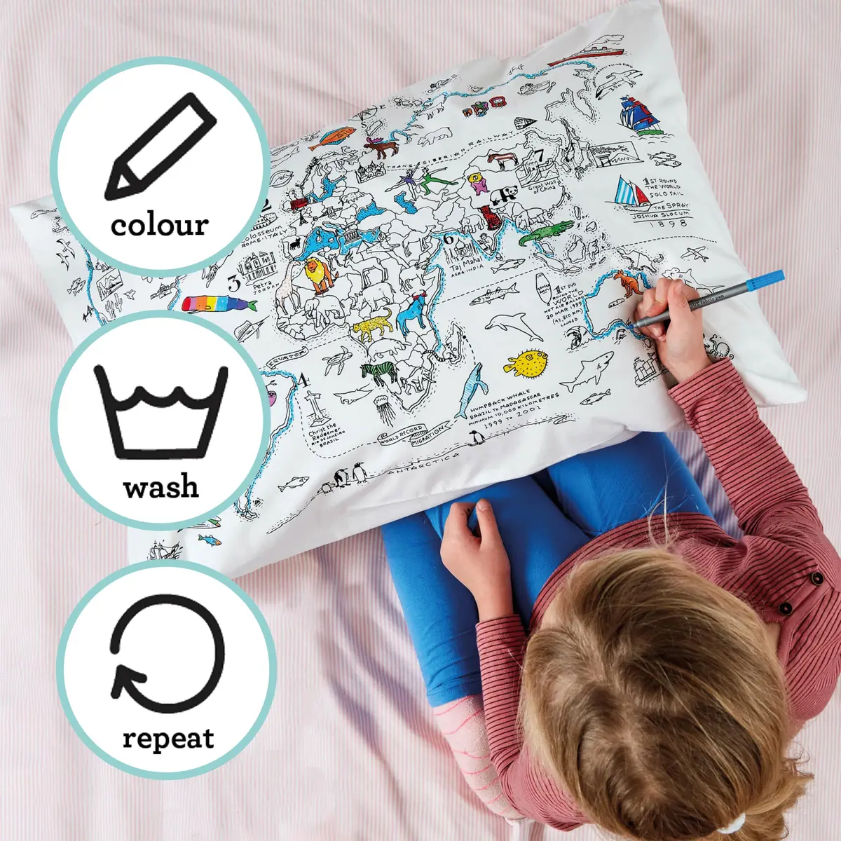 eatsleepdoodle Cotton World Map Coloring Pillowcase, 10pk | Washable Markers for Kids' Art & Sleep - view 2