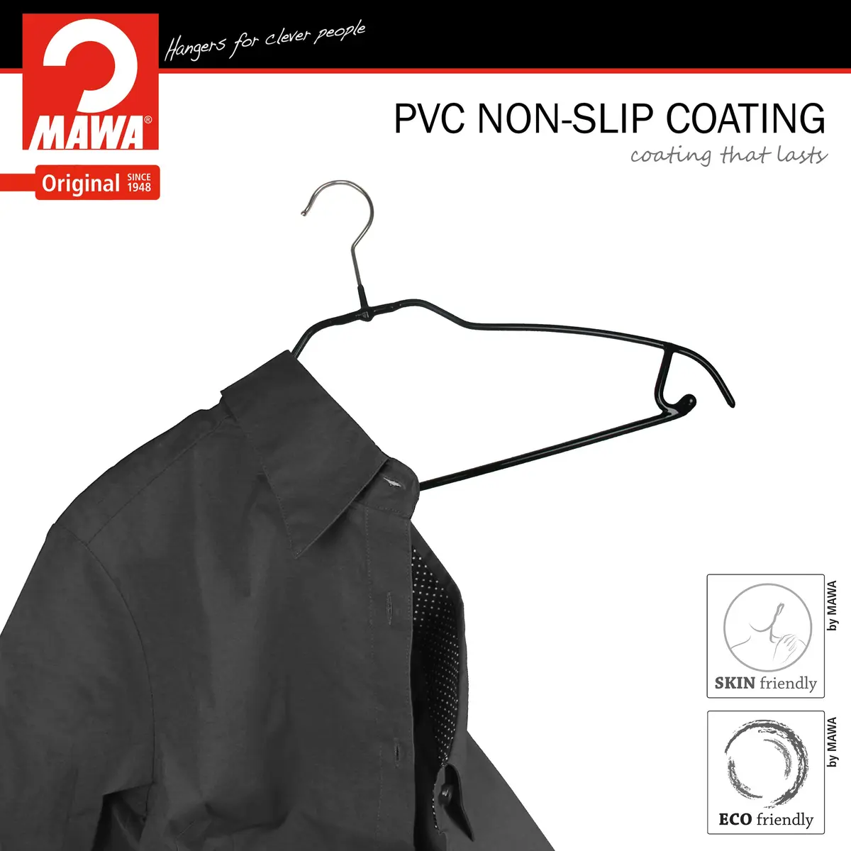MAWA Silhouette Ultra-Thin Series Clothes Hanger 16.25" Black | Space Saving, Non-Slip, Pant & Skirt Hooks - view 2
