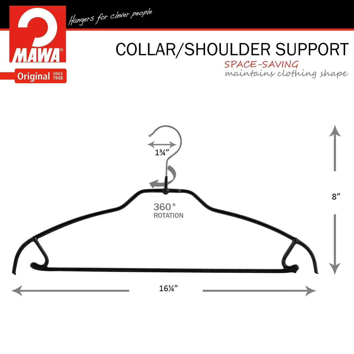 MAWA Silhouette Ultra-Thin Series Clothes Hanger 16.25" Black | Space Saving, Non-Slip, Pant & Skirt Hooks - view 3