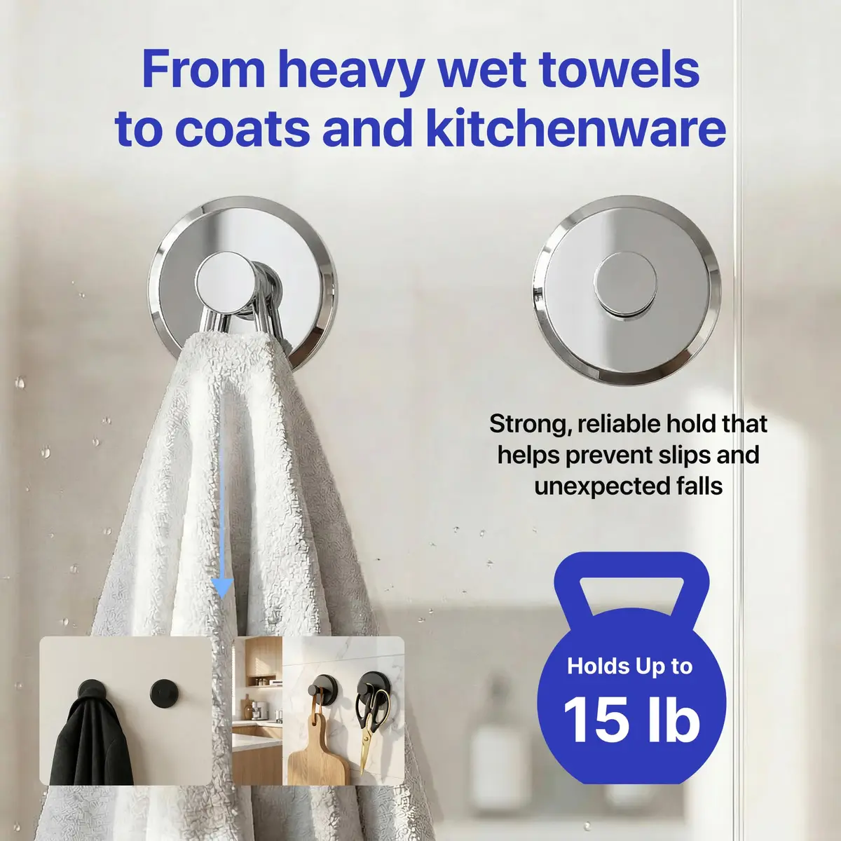 HOME SO Suction Cup Hooks for Shower & Bathroom Towel Holder 2-Pack Chrome | Strong Hold, No Drilling, Waterproof & Rustproof - view 4