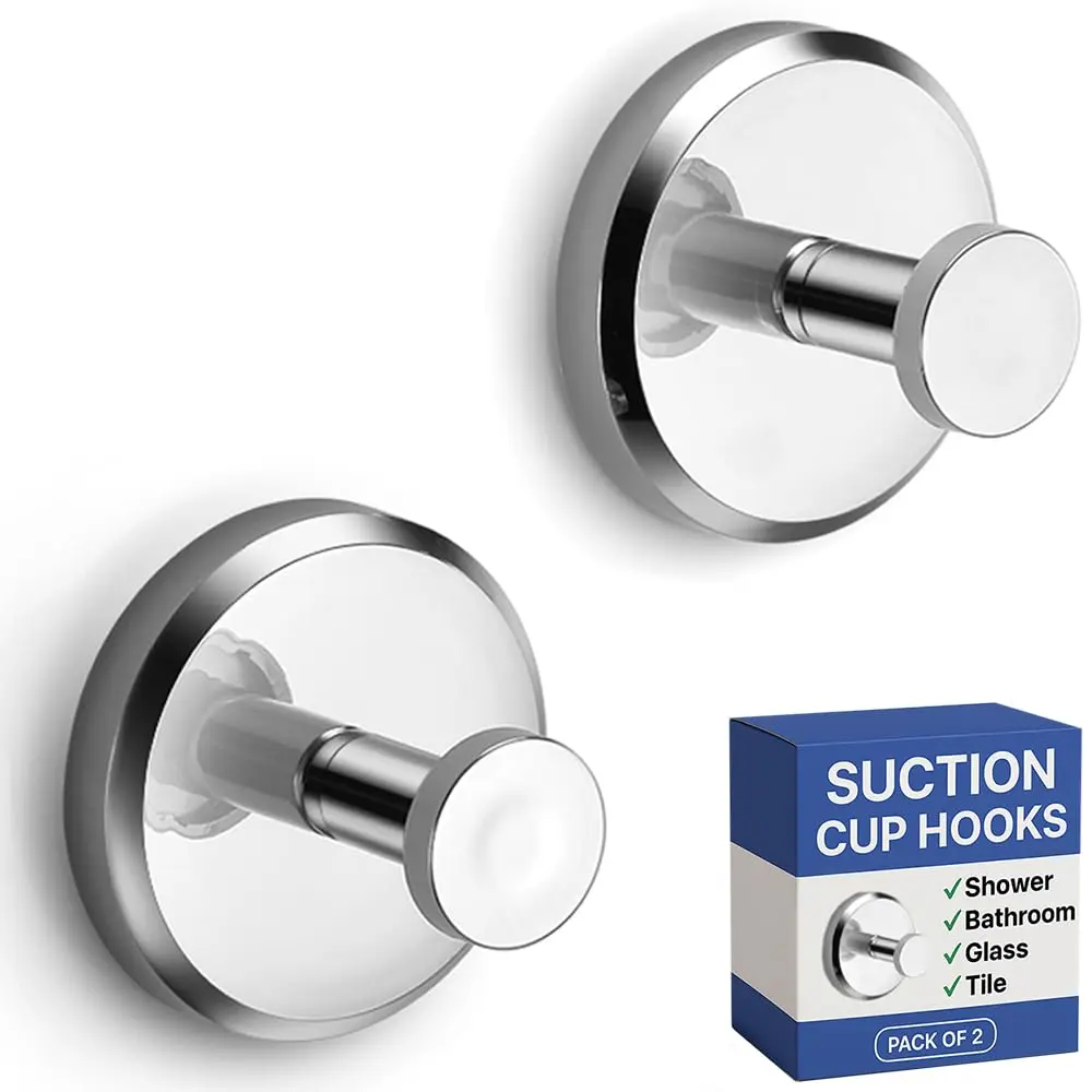 HOME SO Suction Cup Hooks for Shower & Bathroom Towel Holder 2-Pack Chrome | Strong Hold, No Drilling, Waterproof & Rustproof - main product image