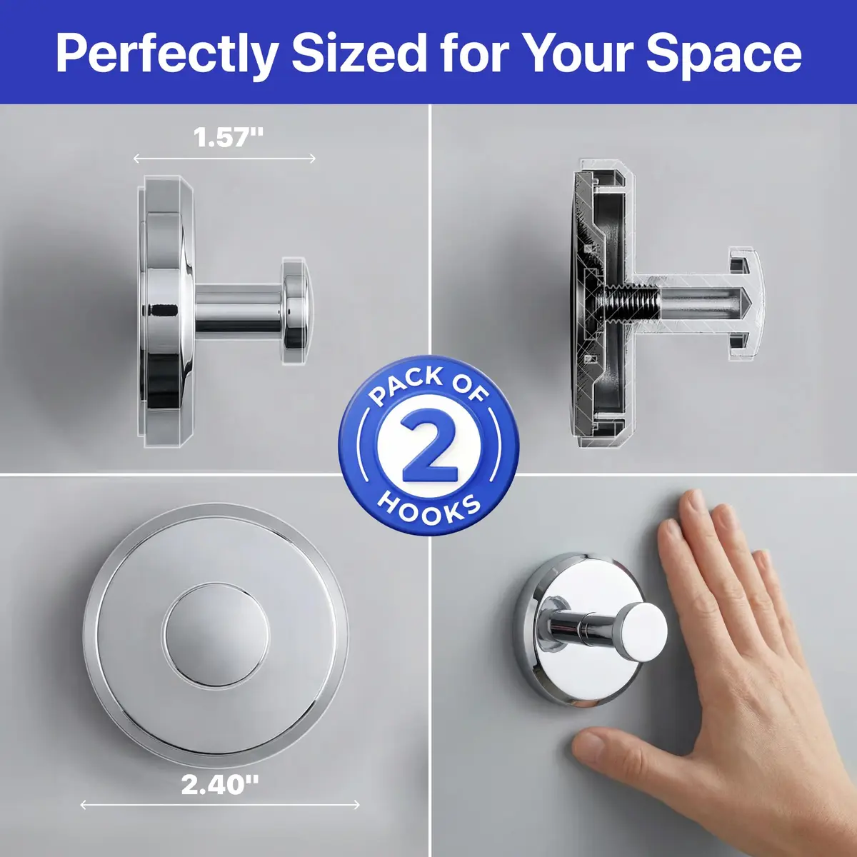 HOME SO Suction Cup Hooks for Shower & Bathroom Towel Holder 2-Pack Chrome | Strong Hold, No Drilling, Waterproof & Rustproof - view 8
