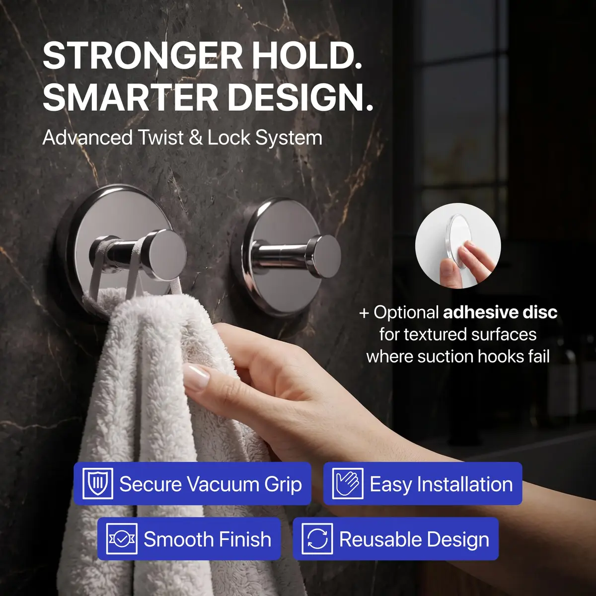 HOME SO Suction Cup Hooks for Shower & Bathroom Towel Holder 2-Pack Chrome | Strong Hold, No Drilling, Waterproof & Rustproof - view 2