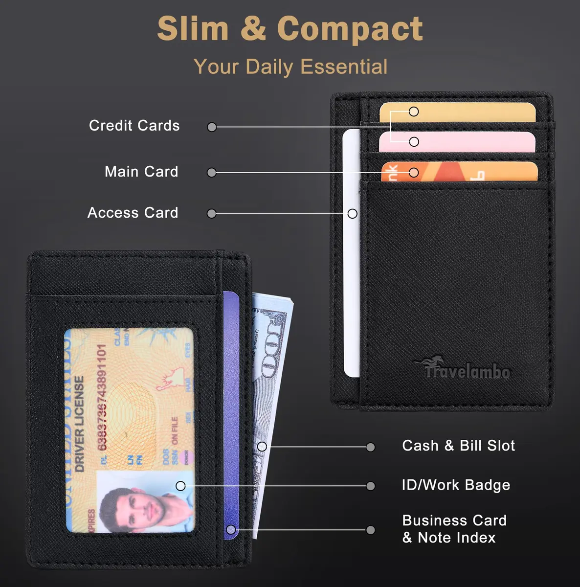 Travelambo Slim Wallet Front Pocket Minimalist Leather RFID Blocking Medium Size | Compact & Secure - view 4