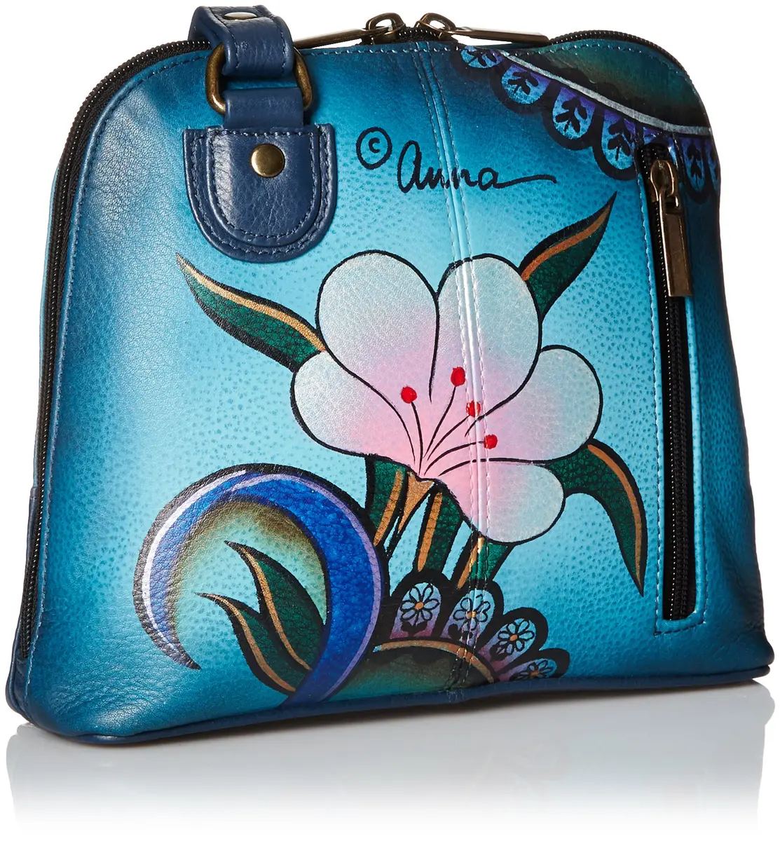 Anna by Anuschka Hand Painted Genuine Leather Small Organizer Bag | Denim Paisley Floral 18.5cm (7.25") - view 4