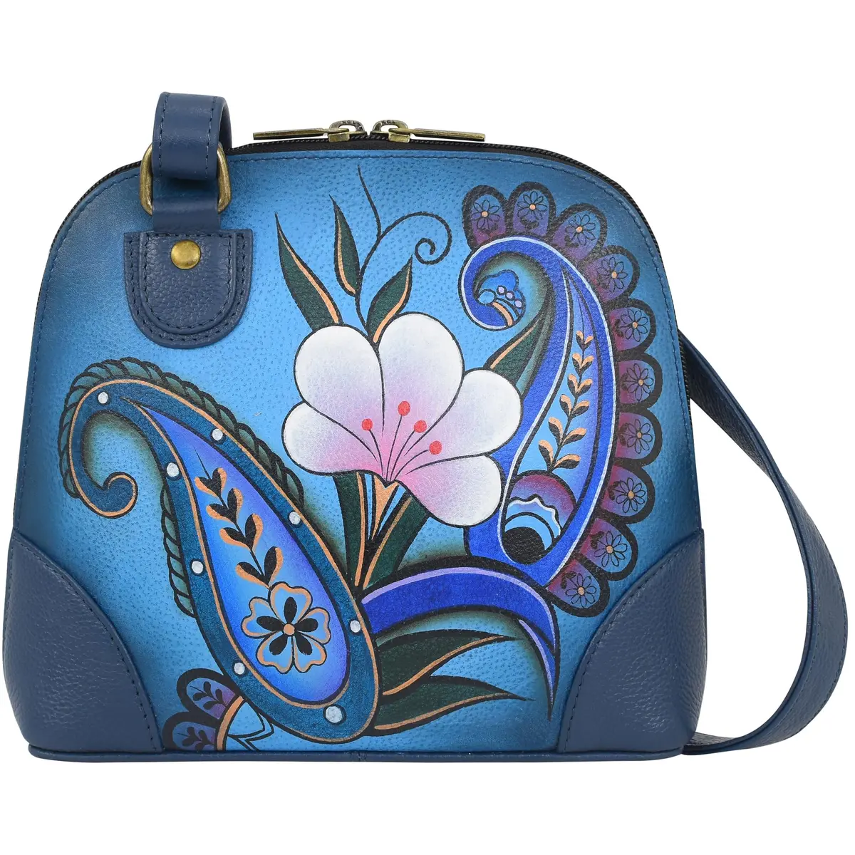 Anna by Anuschka Hand Painted Genuine Leather Small Organizer Bag | Denim Paisley Floral 18.5cm (7.25") - main product image