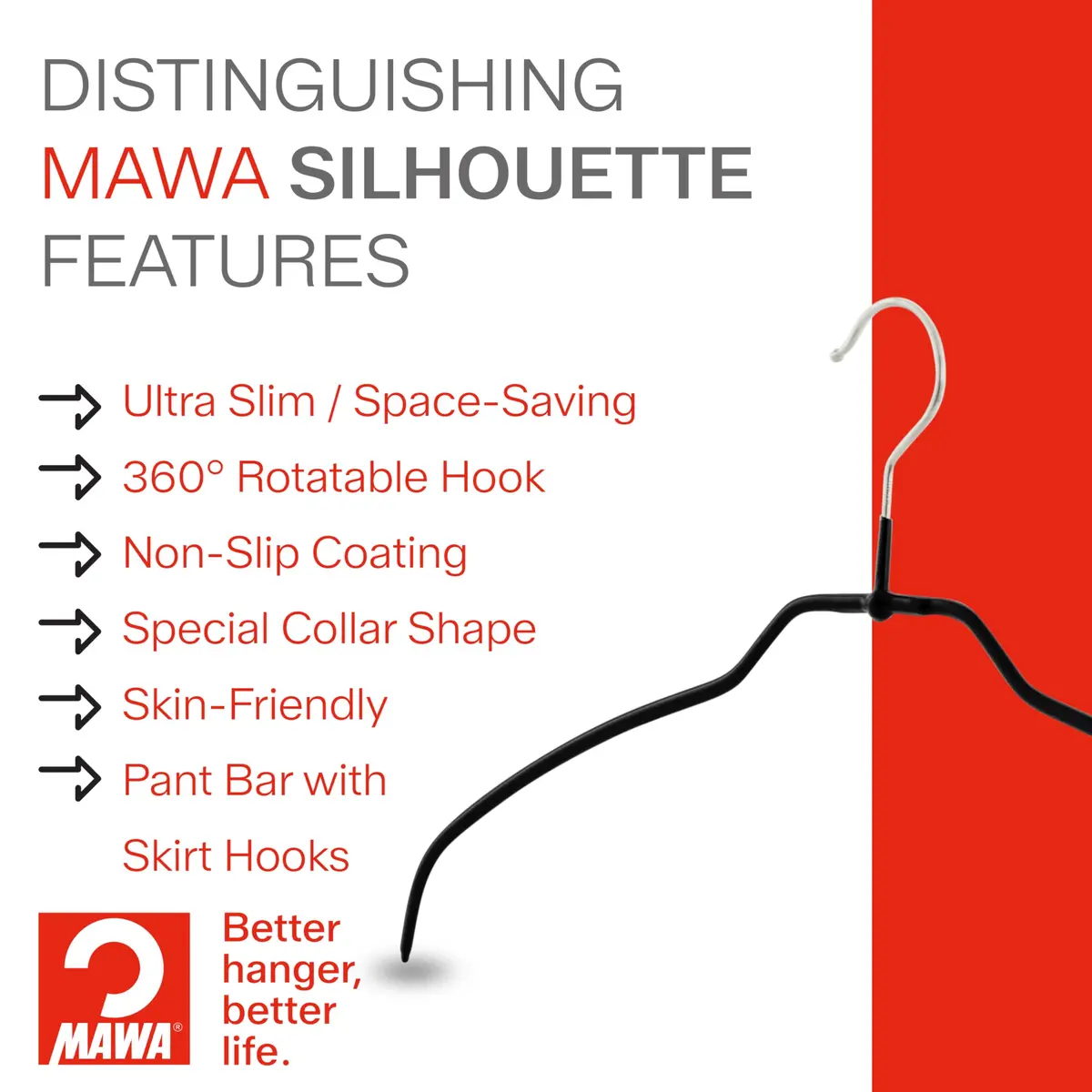 MAWA Silhouette Ultra-Thin Series Non-Slip Space Saving Shirt Hanger Pack of 4 | Supports Delicate Shirts & Dresses - view 2