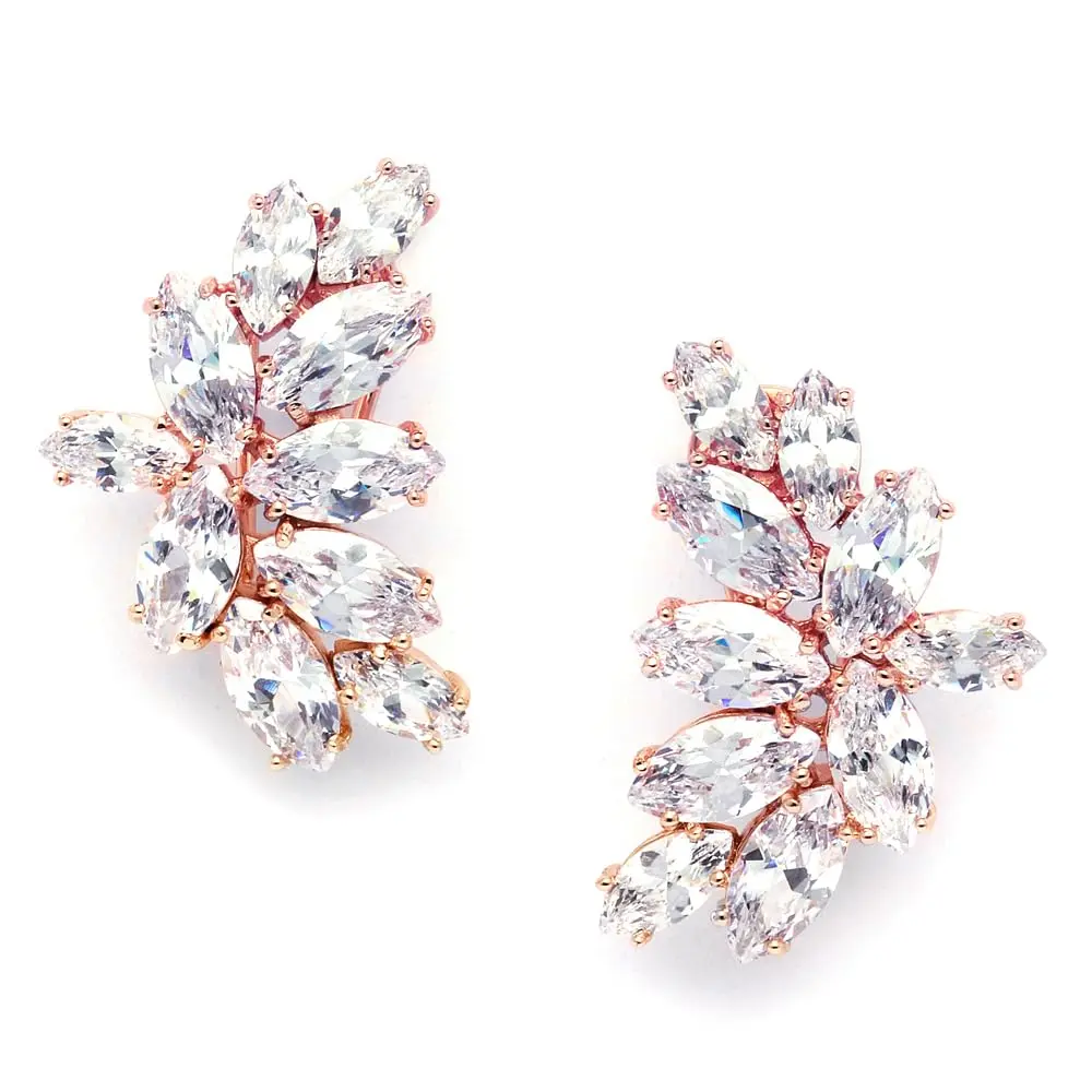Mariell Clip-On Cubic Zirconia Bridal Earrings, Marquise Shape CZ Curved Clusters, Women Earrings for Wedding, Bridesmaids, Homecoming, Mother of the Bride | Elegant CZ Bridal Clip-Ons - main product image