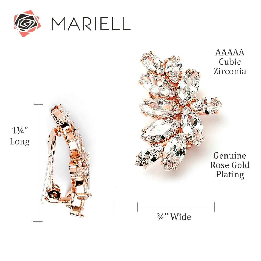 Mariell Clip-On Cubic Zirconia Bridal Earrings, Marquise Shape CZ Curved Clusters, Women Earrings for Wedding, Bridesmaids, Homecoming, Mother of the Bride | Elegant CZ Bridal Clip-Ons - view 5