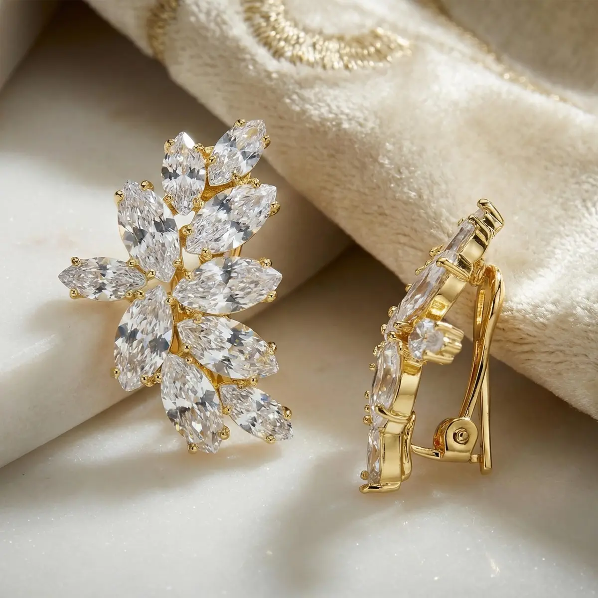 Mariell Clip-On Cubic Zirconia Bridal Earrings, Marquise Shape CZ Curved Clusters, Women Earrings for Wedding, Bridesmaids, Homecoming, Mother of the Bride | Elegant CZ Bridal Clip-Ons - view 6
