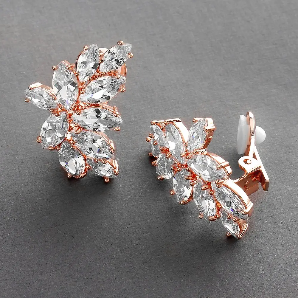 Mariell Clip-On Cubic Zirconia Bridal Earrings, Marquise Shape CZ Curved Clusters, Women Earrings for Wedding, Bridesmaids, Homecoming, Mother of the Bride | Elegant CZ Bridal Clip-Ons - view 3