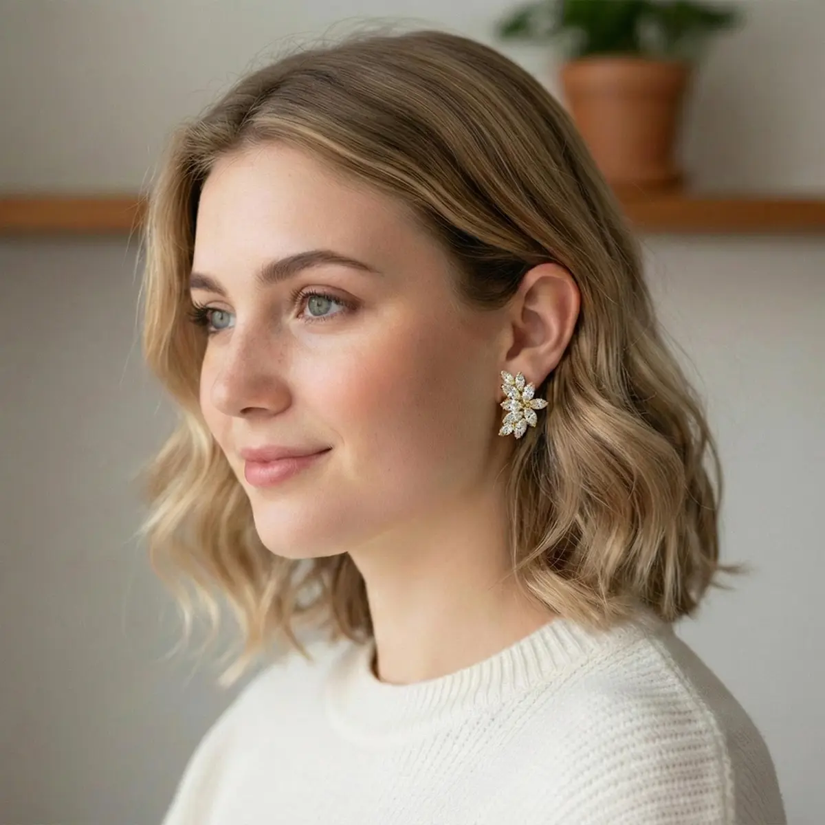 Mariell Clip-On Cubic Zirconia Bridal Earrings, Marquise Shape CZ Curved Clusters, Women Earrings for Wedding, Bridesmaids, Homecoming, Mother of the Bride | Elegant CZ Bridal Clip-Ons - view 4
