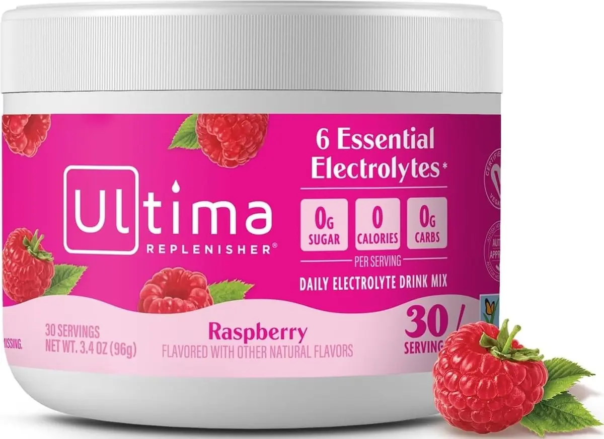 Ultima Replenisher Raspberry Electrolytes Powder 3.2oz (91g) | Hydration with 6 Electrolytes & Minerals - main product image