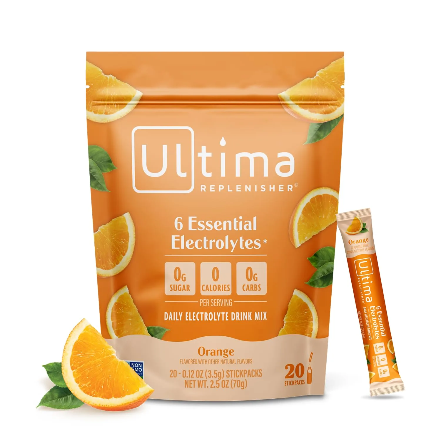 Ultima Replenisher Daily Electrolyte Powder Orange 20 Stickpacks | Zero Sugar Hydration with 6 Electrolytes & Minerals - main product image
