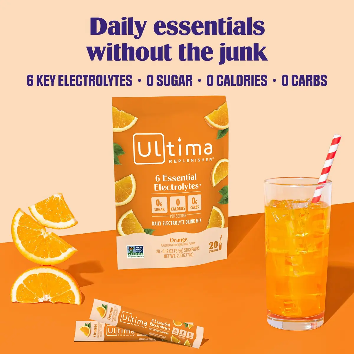 Ultima Replenisher Orange Electrolyte Powder Stickpacks 3.5g (0.12 oz) | 6 Electrolytes + Minerals for Daily Hydration - view 2