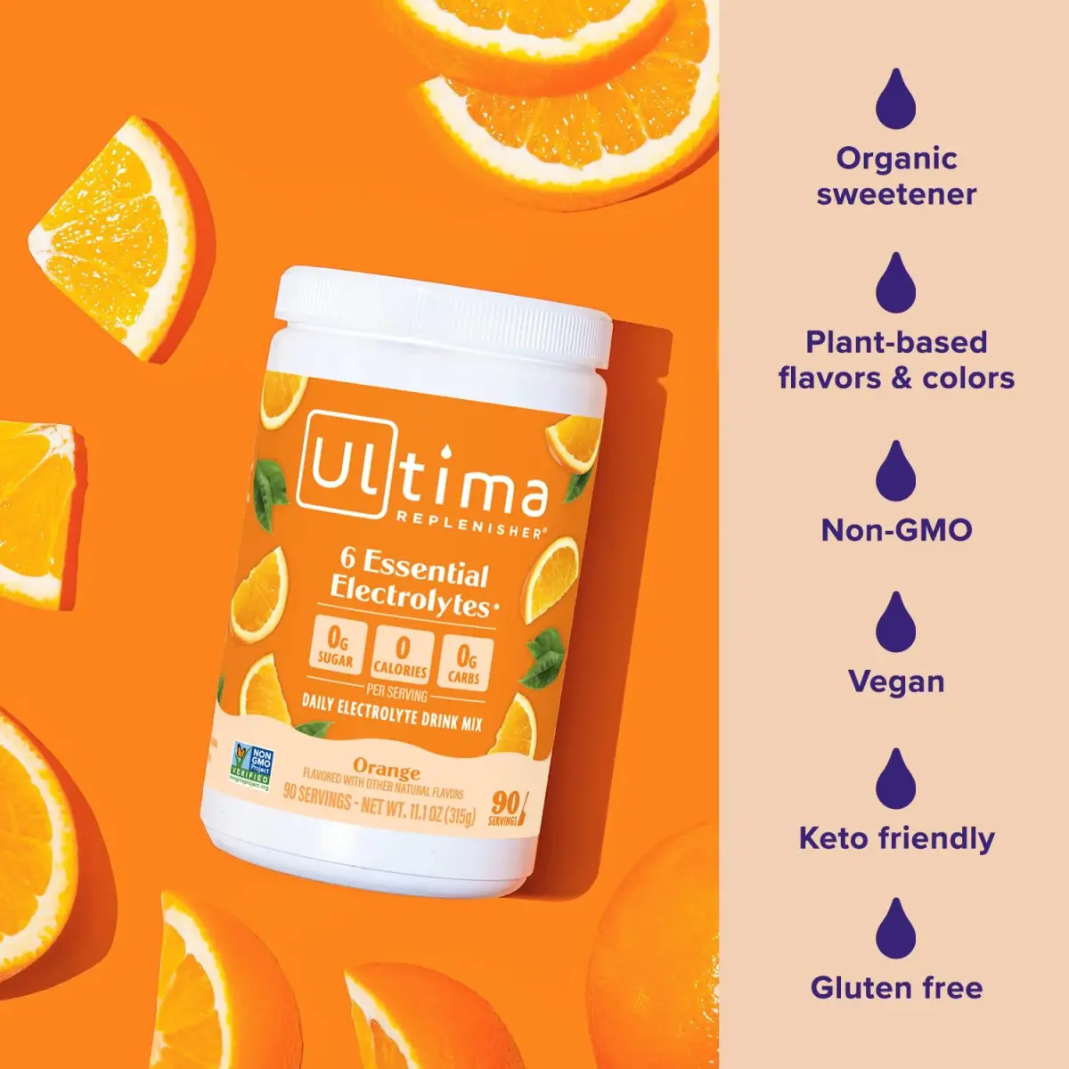 Ultima Replenisher Daily Electrolyte Powder Drink Mix Orange 90 Servings (3.14 oz / 89g) | Zero Sugar Hydration with 6 Electrolytes - view 5
