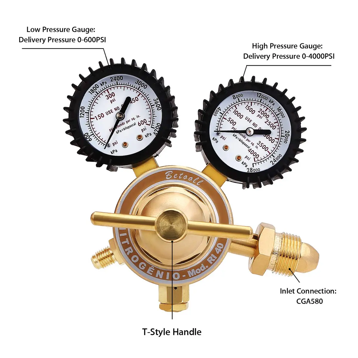 BETOOLL Nitrogen Regulator with 0-600 PSI Brass Inlet & Gauges | Durable, Accurate Pressure Control - view 2