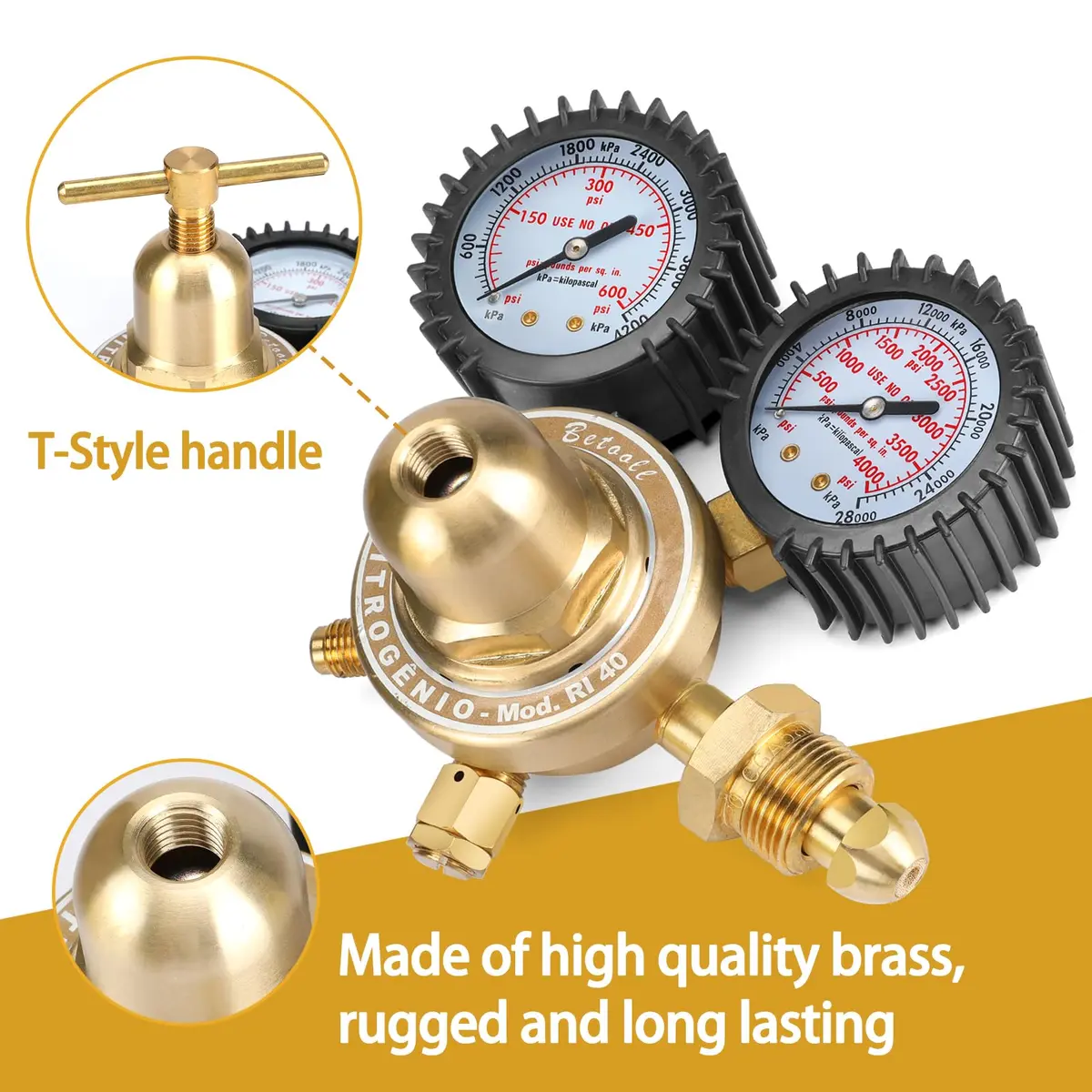 BETOOLL Nitrogen Regulator with 0-600 PSI Brass Inlet & Gauges | Durable, Accurate Pressure Control - view 3