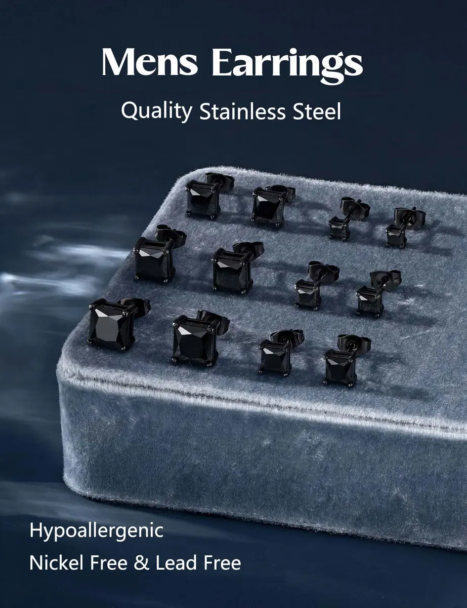 Jstyle Black Plated Stud Earring for Men 7mm Cubic Zirconia Earring Studs | Hypoallergenic Stainless Steel Jewelry - view 4