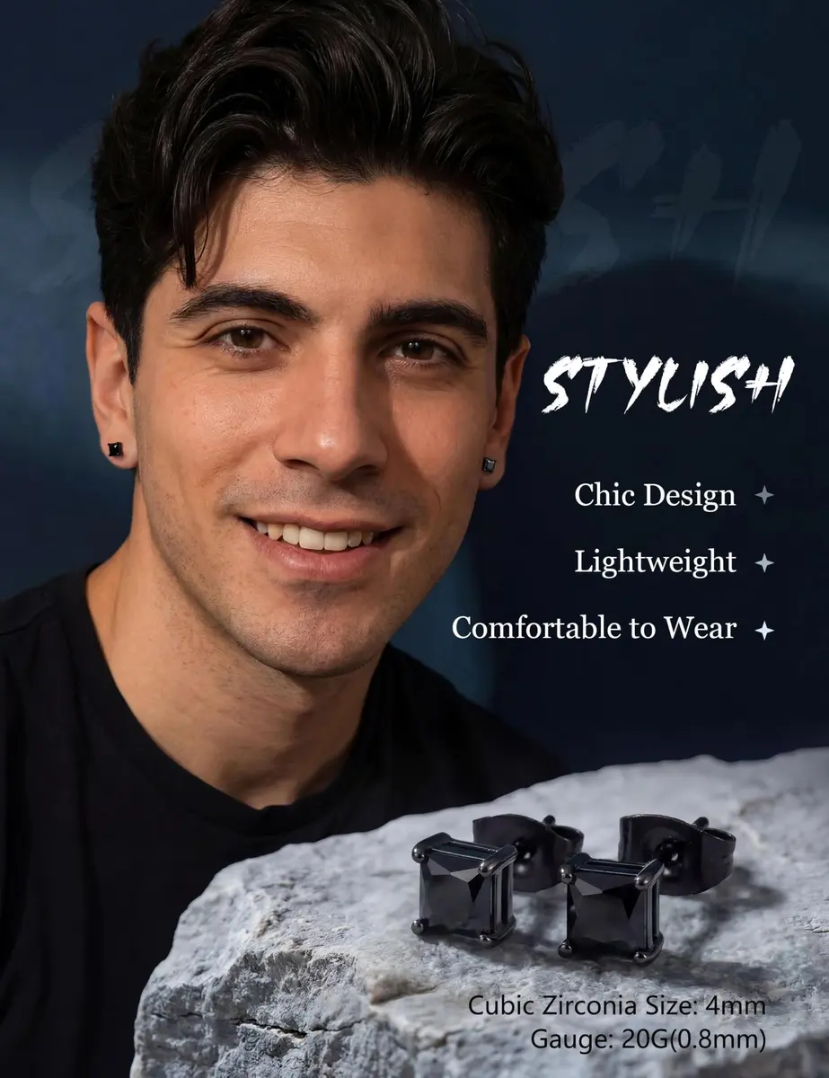 Jstyle Black Plated Stud Earring for Men 4mm Cubic Zirconia | Stylish Unisex Jewelry - view 2